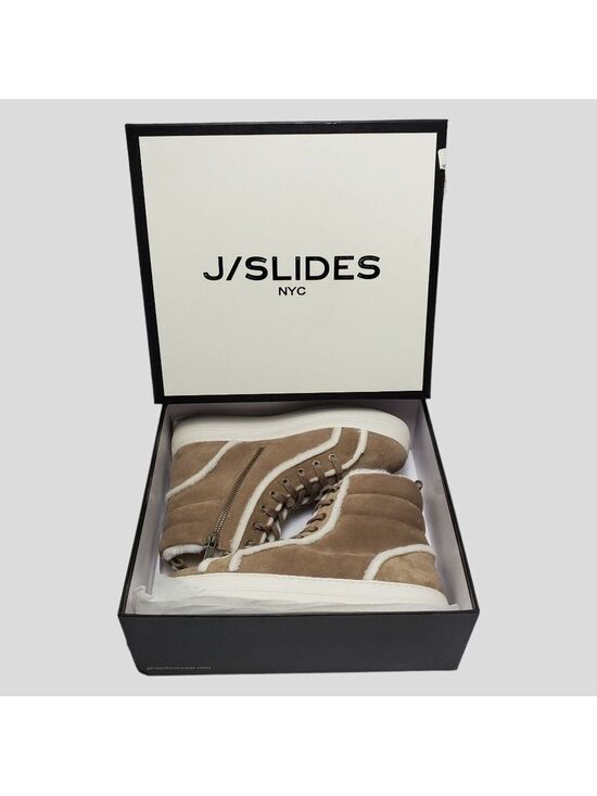 J/Slides Shoes - J Slides NYC Nadal Faux Fur High Top Platform Boot Sneakers Taupe Suede Size 9.5